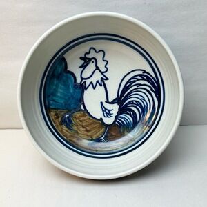 Hand Made Artisan Pottery Bowl Blue farmhouse cottage French Ceramic Rooster